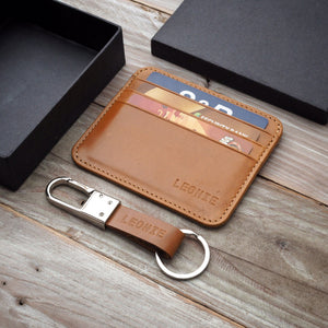 Slim Leather Card Case + Keyfob (6 cards - Ochre Brown)